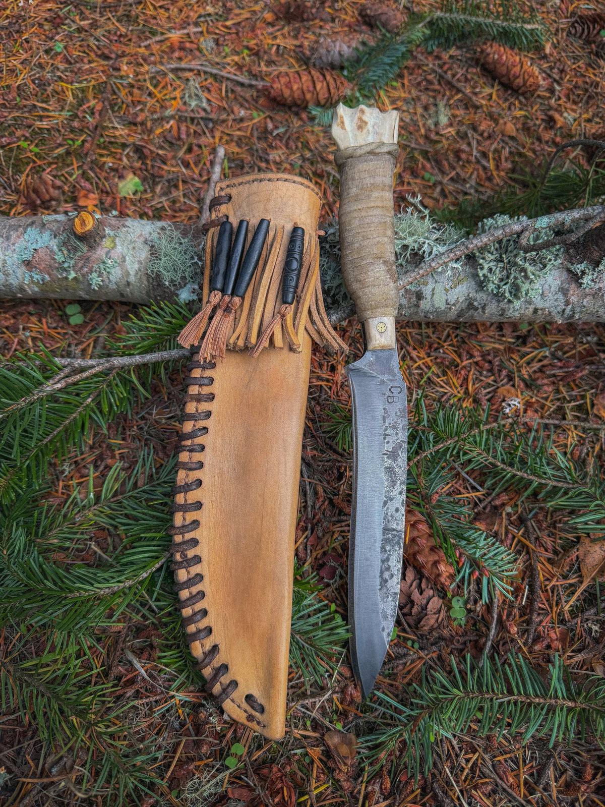 Hawkeye - 7" Elk Bone Rawhide, Mosaic Pin, Leather Sheath