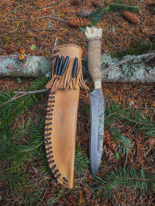 Hawkeye - 7" Elk Bone Rawhide, Mosaic Pin, Leather Sheath